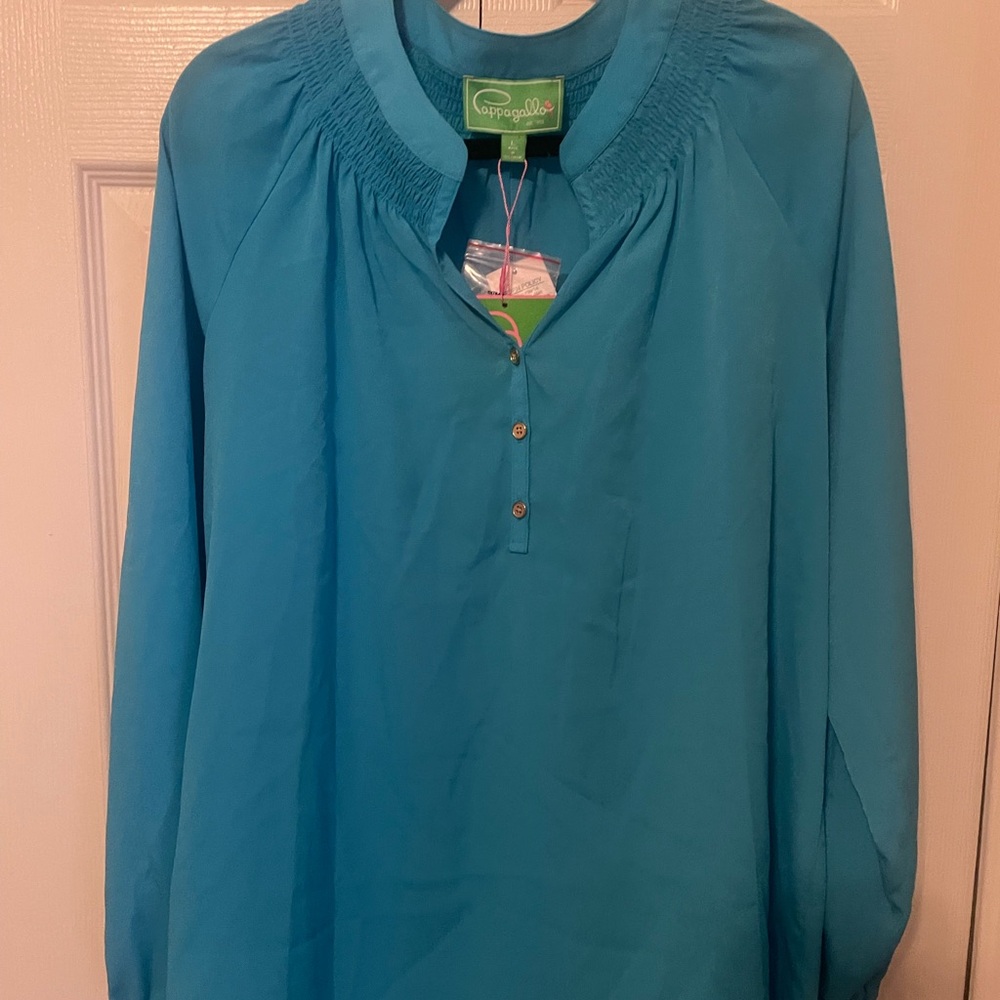 Pappagallo Green Smocked Blouse with Mandarin Collar - NWT